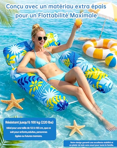Wincany Bouee Piscine, Matelas Gonflable Piscine Epaisseur 21mm, Bouee Lounge Adulte 4-en-1 Hamac Flottant Filet, Siege d'eau Ergonomique Adulte Accessoire pour Plage Vacances