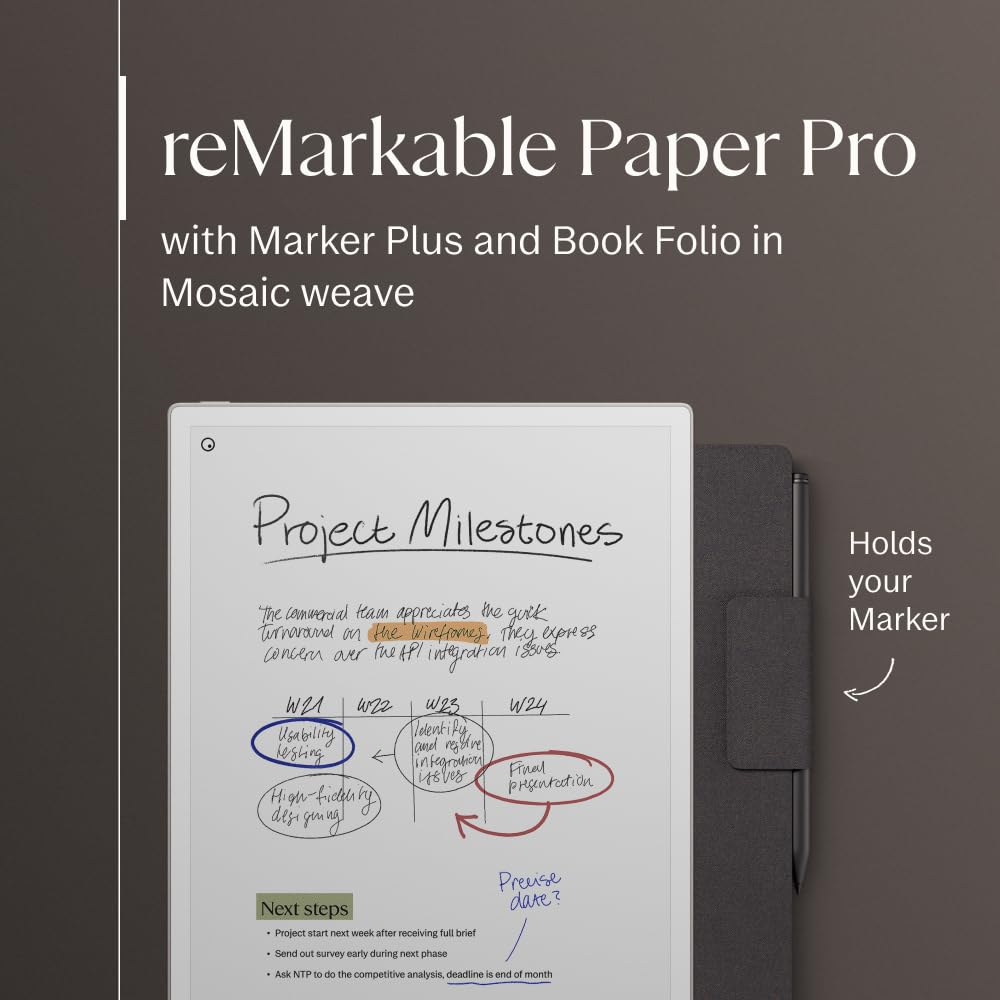 reMarkable Paper Pro Bundle – Mosaic Weave | Includes 11.8” reMarkable Paper Tablet, Marker Plus Pen with Eraser, and a Book Folio Cover in Mosaic Weave – Basalt