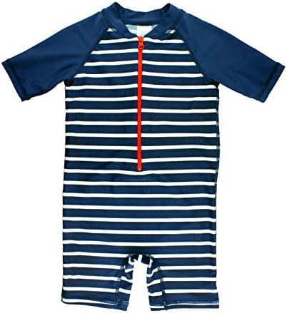 RuggedButts Baby/Toddler Boys Striped One Piece UPF 50+ Sun Protection Baby Rash Guard Swim Romper