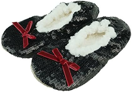 Zegee Ballerina Bling Metallic Shine Frenulum Butterfly Knot Womens Cozy Sequin Slippers (M 7-8, Black)