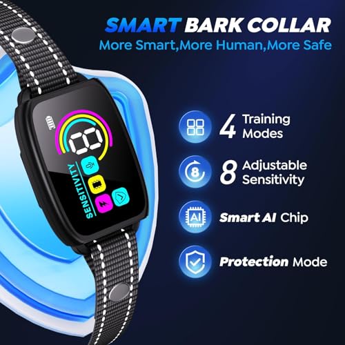Dog Bark Collar for Large Medium Small Dogs,Smart Anti Barking Device with 4 Training Modes,Rechargeable IP67 Waterproof Barking Collar with 8 Adjustable Sensitivity (Black)