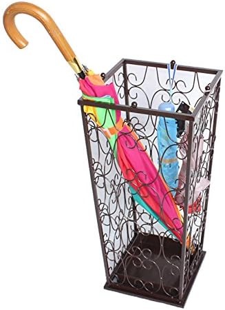 Umbrella Stands WSSF- Iron Art Creative Office Umbrella Bucket With Hooks/Drip Tray Household Hanging Folding Umbrella Storage Holder,21*21*53cm (Color : Ancient copper color)