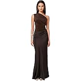 RARITYUS Women’s Elegant One Shoulder Maxi Dress Satin Ruched Bodycon Wedding Guest Dress Flowy Cocktail Evening Dresses