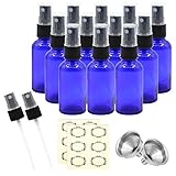 Pack of 12, 1 oz Cobalt Blue Glass Bottles with Black Fine Mist Sprayers by Mavogel,Including 2 Extra Black Fine Mist Sprayers, 2 Stainless Steel Mini Funnel,2 Transfer Pipettes, 12 Bottle Labels