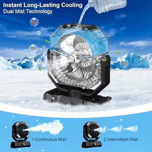 GOBRILLFUN Battery Operated Fan 10000mAh with Mist, Portable Remote Control Fan with 300mL Tank, Oscillating Cooling Fan, 2 Mist Modes, LED Light, Timer, Rechargeable for Camping Patio Beach Office