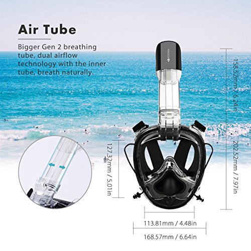 VICOODA Full Face Snorkel Mask for Kids and Adults【2018 New Version】,180°Panoramic View,Anti-Fog,Anti-Leak,One Size Snorkeling Mask with GoPro Mount,Fits All 30-50 Meters Deep Diving - Black - Thumbnail 2