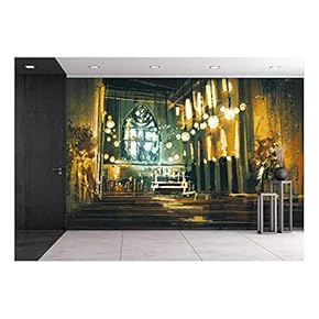Beautiful Painting Showing Interior View of a Church and Dramatic Light - Removable Wall Mural | Self-Adhesive Large Wallpaper - 66x96 inches