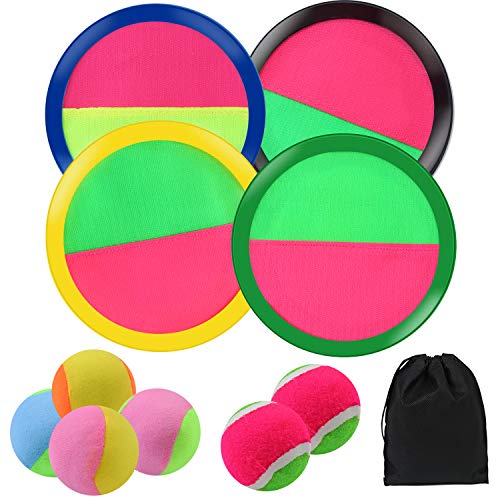 Elcoho Toss and Catch Ball Set Paddle Catch Ball and Toss Game 4 Hook and Loop Adjustable Self-Stick Paddles 6 Balls with Storage Bag for Outdoor Activities (4 Colors)