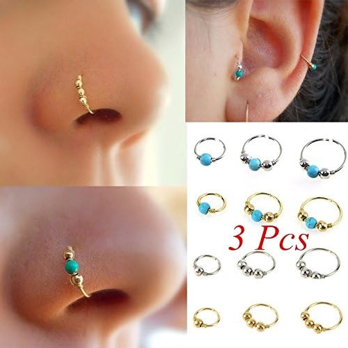 XINSHUN Sufang 3Pcs Sexy Gold Filled Stainless Steel Nose Ring Turquoise Nostril Hoop Nose Piercing Jewelry 6mm/8mm/10mm