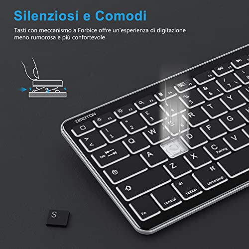 OMOTON Tastiera Bluetooth Compatibile con iPad ed iPhone, Tastiera Mini Portatile con Retroilluminazione, Ricaricabile e Retroilluminata, Luce Regolabile, Nera