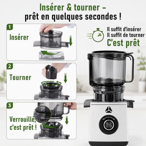 AAOBOSI Extracteur de Jus à Froid 2,5L, Goulotte Extra-Large de 165 mm | pour Fruits et Légumes Entiers, Filtre 3-en-1 (Jus, Sorbets et Boissons Végétales), Rendement Élevé en Jus, Facile à Nettoyer