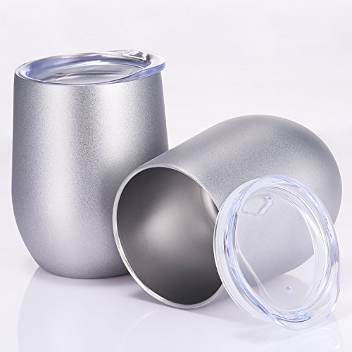 Skylety 12 oz Double-insulated Stemless Glass, Stainless Steel Tumbler Cup with Lids for Wine, Coffee, Drinks, Champagne, Cocktails, 2 Sets (Bright Silver) - Thumbnail 4
