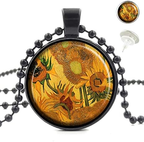 OneBee Sunflowers Vincent Van Gogh Custom Fashion Black Pendant Crystal Glass Necklace Tag Earrings Jewelry Set