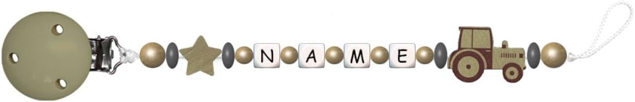 Baby Dummy Chain with Wooden Beads and Name of your choice. Tractor with Star – Gold – Blue