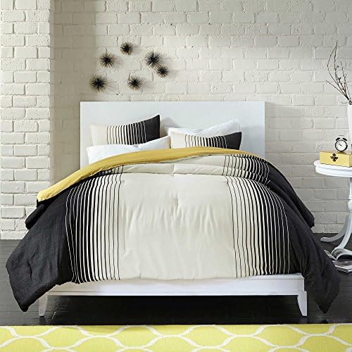 Modern 100% Cotton Reversible Kids Bedroom Bedding Ombre Striped Pattern Black White Gold Colors 7-Piece Bed Sheet in a Bag Comforter Set, TWIN