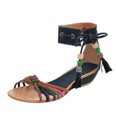 Böhmen Sandalen/Dorical Damen Sommer Casual Elegant Gladiator Sandaletten Perlen Quasten Kunstleder Bunt Schuhe Wohnungen Blo