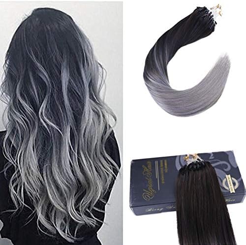 16inch 50 Gram Per Package 1g/ Strand Micro Loop Hair Extensions Human Hair Straight Remy Extensions Ombre Color Off Black #1B Fading to Silver Grey Color Real Human Hair Extensions