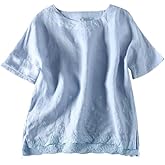 Minibee Women's Summer Linen Tunic Shirt High Low Hem Embroidery Blouse Top