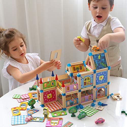 Wondertoys 128 Pieces Wooden Dollhouse Accessories with 2 People DIY Architecture Model Set Pretend Play Educational Toys for 3 Years Old Boys and Girls - Thumbnail 2