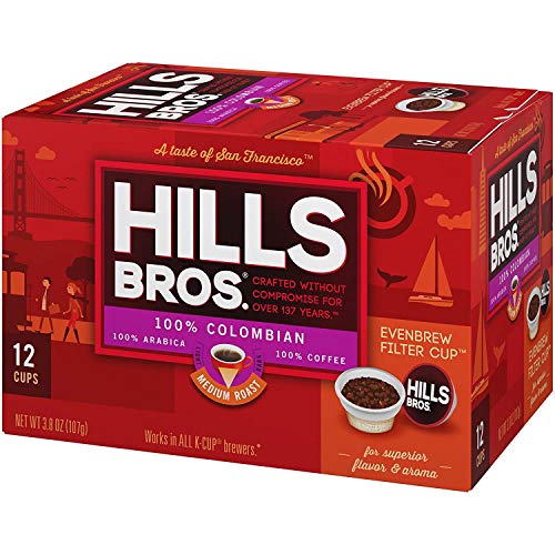 HILLS BROS SINGLE SERVE COFFEE PODS, 100% COLOMBIAN GROUND COFFEE, MEDIUM ROAST, 12 COUNT – KEURIG COMPATIBLE, ROASTED 100% ARABICA BEANS, SMOOTH BALANCED FLAVOR