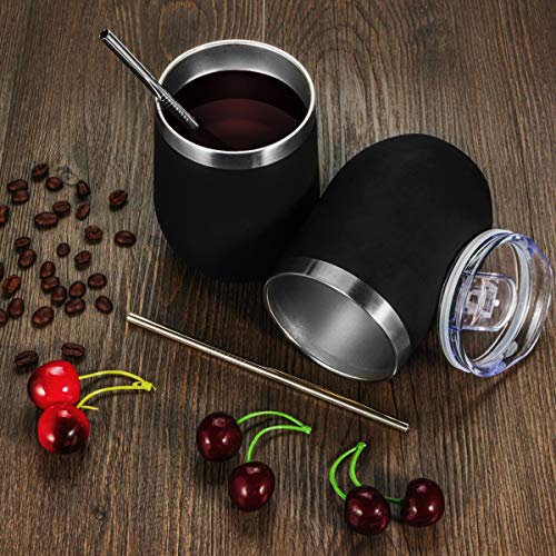 Fungun 12 oz Stemless Wine Tumbler, Stainless Steel Wine Glass, Insulated Tumbler with Lids for Wine, Coffee, Drinks, Cocktails, 2 Sets Including 2 Pieces Straws and Brush (Black)