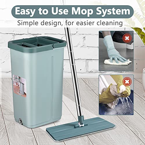 Floor Mop and Bucket Set, Aifacay Flat Mop Bucket System Flexible Mop Head 8 Reusable Microfiber Pads Home Hardwood Floor Mop Bucket with Wringer Extended Stainless Steel Handle Mop for Wood, Vinyl