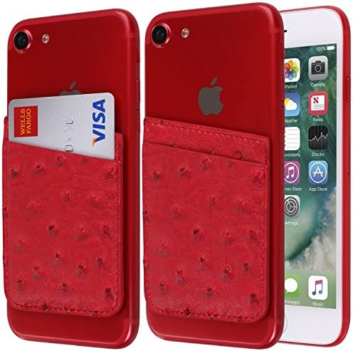 Stick on Wallet Lite Faux Leather Ultra-slim 3M Adhesive Card Holder Case (Ostrich Red)