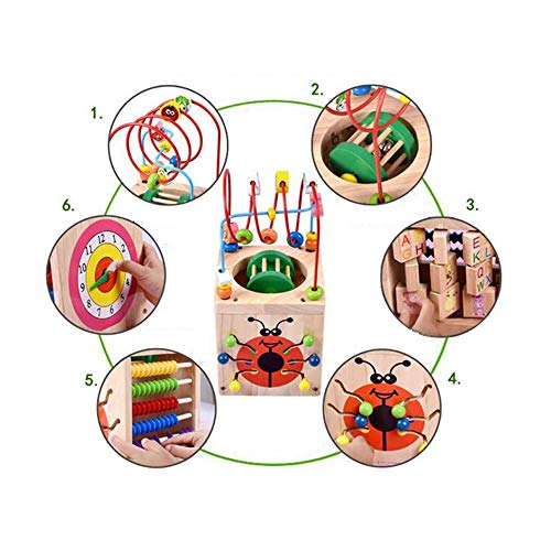 CCGTOY 6 in 1 Wooden Bead Maze Activity Cube Mult-IPurpose Activity Center Box Educational Skill Improvement Wood Toys for Kids