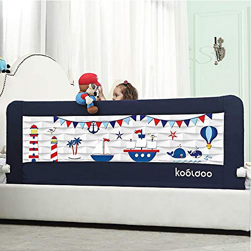 KOOLDOO 59" Fold Down Toddlers Bed Rail Safety Baby Bed Guard with NBR Foam Including 1Pc Seat Belt (Blue)