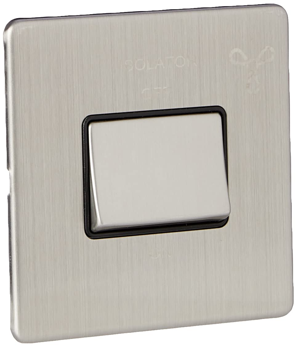 AET SLFISBS Screwless Satin Chrome Flat 10 Amp 3-Pole Fan Isolator Black Insert Metal Rocker Switch