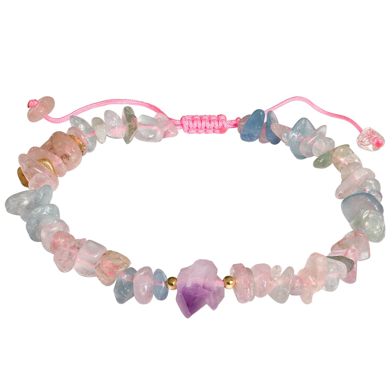Wizock Raw Amethyst Drusy-Quartz Colorful Gemstones and Crystals Bracelets Tumbled Chips Gems Stones Energy Stretch Bracelets for Women (Morganite)