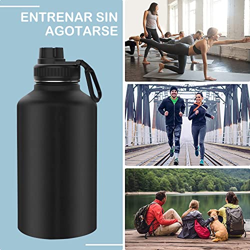 1920ml/64oz Termo de Acero Inoxidable,Termo de Agua con 2 Tapas y con chaqueta de aislamiento, Doble Pared y Tapa Hermética Antigoteo, ara Agua Fría (24 horas) o Caliente (12 horas).