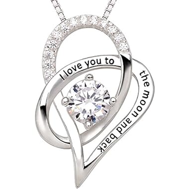 ALOV Jewelry Sterling Silver I Love You to The Moon and Back Love Heart Cubic Zirconia Pendant Necklace