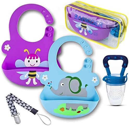 Bangder Waterproof Silicone Bib Kit+ Baby Food Feeder+ Pacifier Clip| Easy to Clean, Set of 4