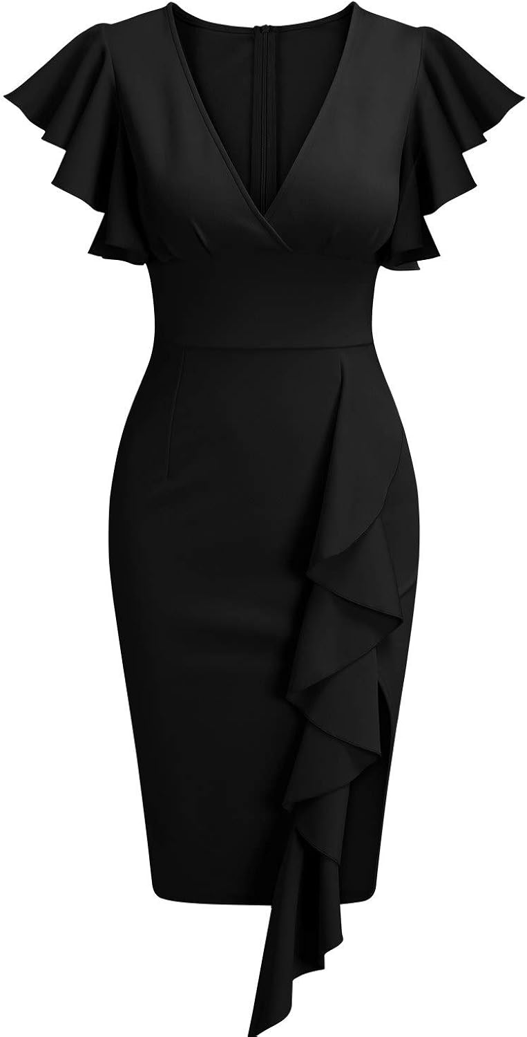 Knitee Women's Deep-V Neck Ruffle Sleeves Cocktail Party Pencil Slit Formal Dress: Clothing