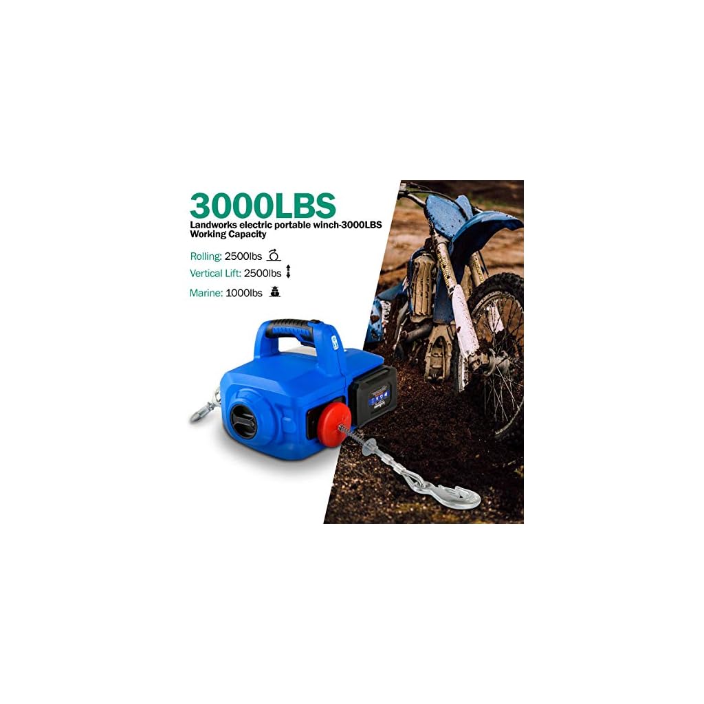 Landworks Electric Towing Winch Hoist Portable Cordless 1000 lbs 1/2