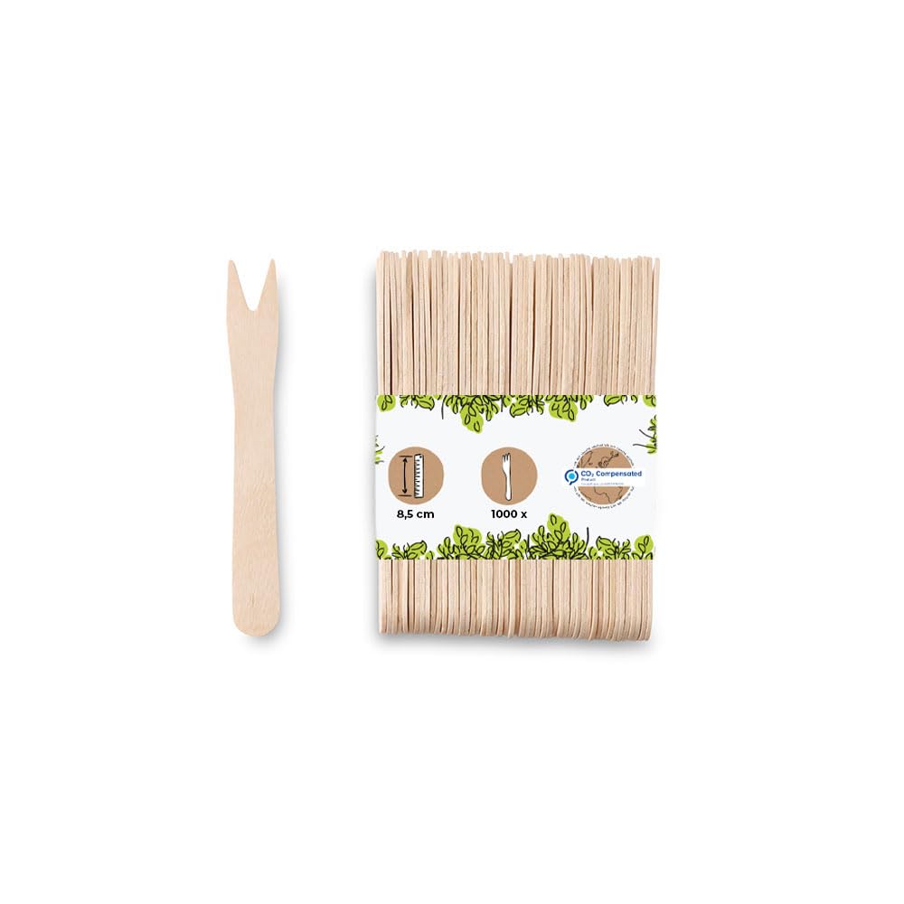 BIOZOYG Wooden Forks Organic Cutlery Fries Fork Compostable Hardwood Nature I Wooden Fries Forks Party Skewers Wood Pick Forks I 1000x Chip Forks 8.5 cm