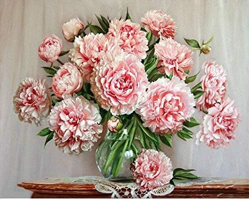 DIY Painting Paint by Numbers for Adults, Beautiful Pink Peony Flower with Brushes Paint for Adults Beginner Painting with Wooden Frame 16x20inch