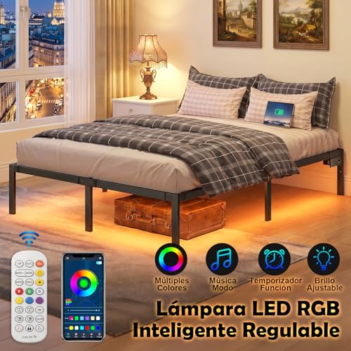 FURRIFIC Base Cama Matrimonial con Lámpara LED RGB Inteligente–2 Puertos USB + 2 Enchufes de CA, Control por App y Remoto, Espacio de Almacenamiento Debajo de la Cama, Marco Resistente