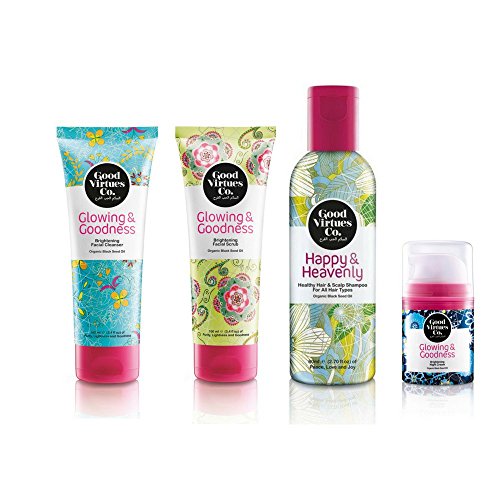 Good Virtues Co. Women Hair and Facial Care Set, Clarifying Shampoo for All Hair Types (2.7 oz), Brightening Facial Cleanser (3.4 oz), Facial scrub (3.4 oz), and Night Cream (1.52 oz) - Travel Size