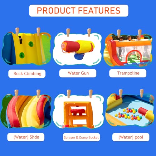 HuaKastro Inflatable Water Slide Bouncy Castle for Kids with Pool, 5-in-1 Indoor/Outdoor Blow Up Play Center for Climbing, Sliding, Jumping & Splashing Fun, Blower Included