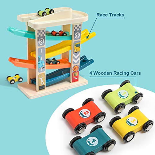 TOP BRIGHT Toddler Toys Race Track for 2 Years Old Boy Gifts - Baby Car Toy Car Ramp Vehicle Playsets with 4 Wooden Cars & Garage