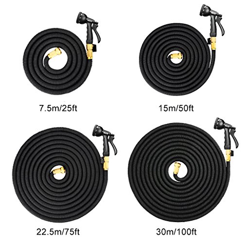 URCERI 50ft Expandable Garden Hose with 3/4 Solid Brass Fittings 8 Function Spray Nozzle Shut Off Valve Carrying Bag