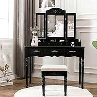 Unihome Vanity Table with Tri Folding Mirror Black Makeup Table with Necklace Hooking Dressing Table with 7 Drawers Bedroom Black Makeup Vanity for Women