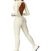 AEEZO Womens Sexy Backless Long Sleeve Padded Workout Jumpsuit Contour Stitch Yoga Rompers One Piece Tummy Control Bodysuit