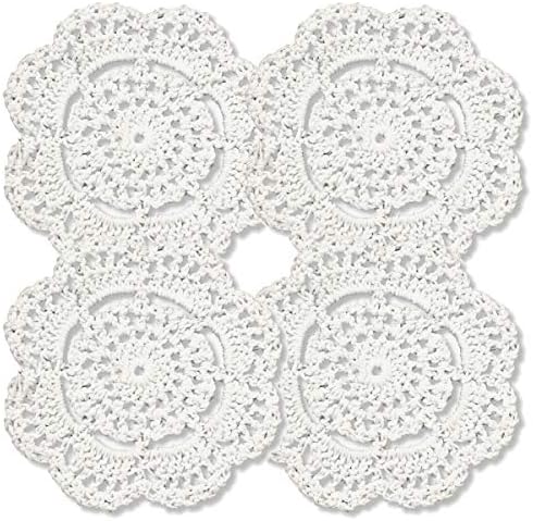 gracebuy White Pack of 4 PCS 4 Inch Round Handmade Crochet Lace Placemats Coasters Doilies
