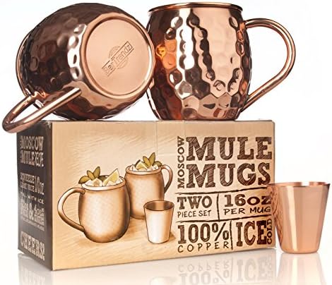 BarTrendz Premium Moscow Mule Copper Mugs Set of 2 Bonus Copper Shot Glass - Two 16 oz Copper Cups for Moscow Mules - Solid 100% Hammered Copper Mug