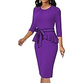 Women's Vintage Church Bodycon Pleated Crew Neck Work Midi Pencil Dress