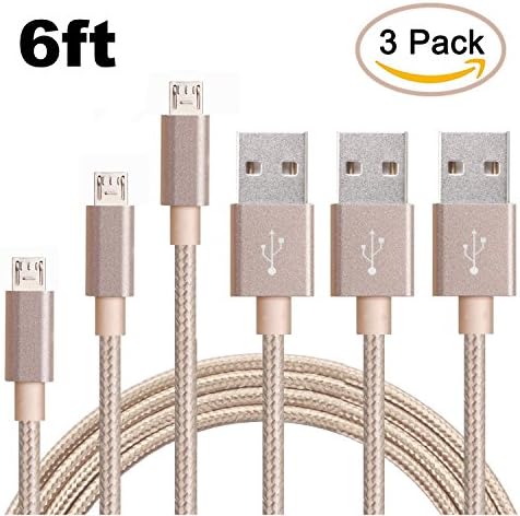 Sethjcsy 3 Pack 6FT Nylon Braided Micro USB Cable High Speed USB 2.0 A Male to Micro B Sync and Charging Cord for Android, Samsung Galaxy S6, HTC, LG, Motorola, Nokia and More (Golden-6ft)