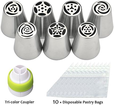 Outeam Russian Piping Tips Stainless Steel Nozzles for Decorating Cakes 18-Pcs Set( Best 7 Russian Piping Tips 10 Disposable Pastry Bags 1 Tri-Color Coupler)